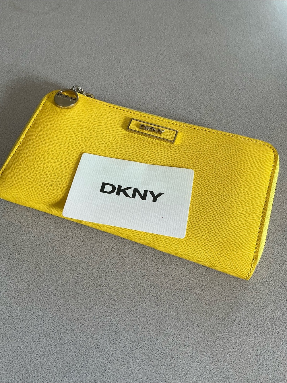 DKNY Yellow Saffiano Zip Wallet with Gold Charm